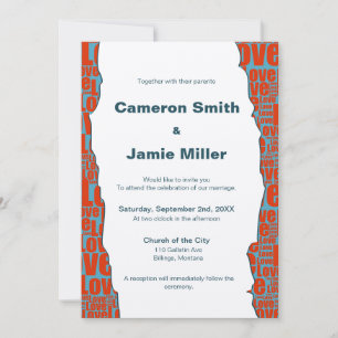 Invitation Mariage moderne Blue Red Love Bordure Ecru