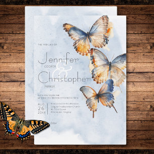 Invitation Mariage moderne Blue & Rust Watercolor Butterflies