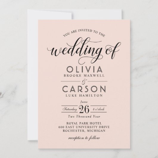 Invitation Mariage moderne Blush et Black Script (Devant)