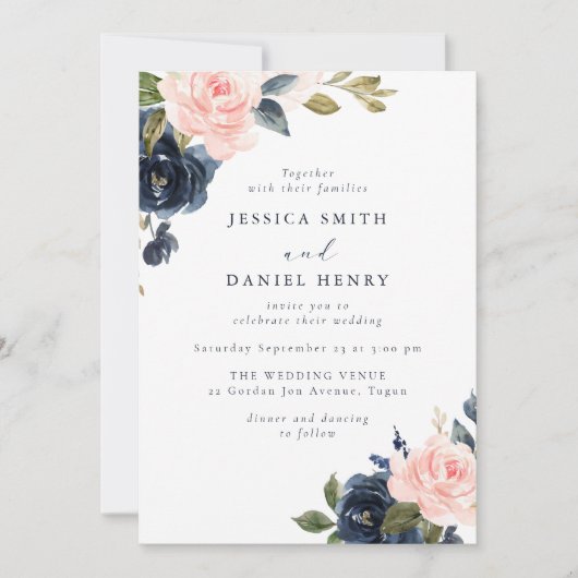 Invitation Mariage moderne Blush et Navy Florals (Devant)