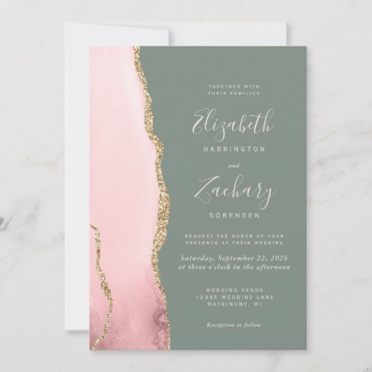 Invitation Mariage moderne Blush Pink Or Agate Sage Green (Devant)