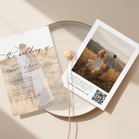 Invitation Mariage Moderne Boho avec Overlay Vélin et Code QR