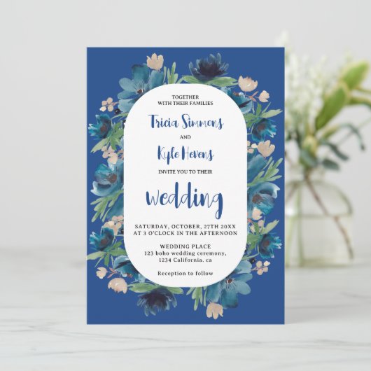 Invitation Mariage moderne Boho bleu arche florale (Debout devant)