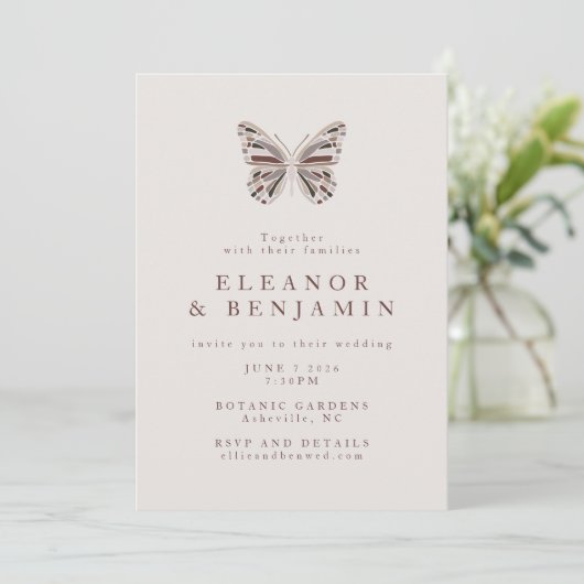Invitation Mariage moderne Boho Butterfly Bourgogne Taupe (Debout devant)