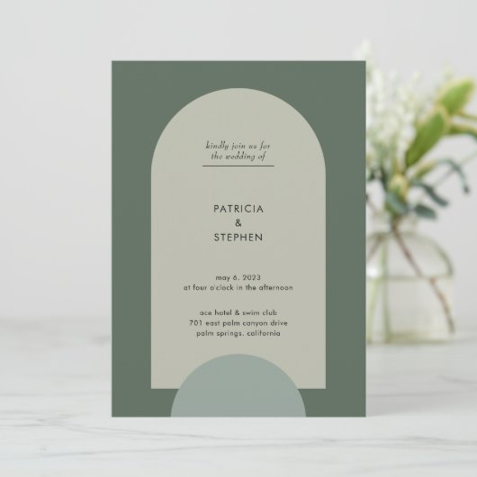Invitation Mariage moderne Boho géométrique Sage Arche vert (Debout devant)