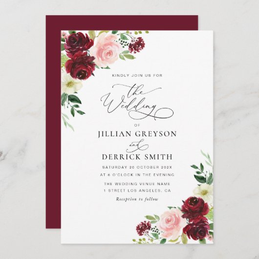 Invitation mariage moderne bordeaux et floral (Devant / Derrière)