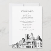 Invitation Mariage moderne Boston Skyline Sketch noir et blan (Devant)