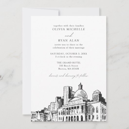 Invitation Mariage moderne Boston Skyline Sketch noir et blan (Devant)