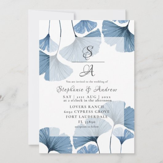 Invitation Mariage moderne Botanique Bleu Gingko (Devant)