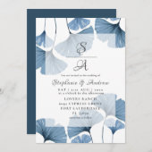 Invitation Mariage moderne Botanique Bleu Gingko (Devant / Derrière)