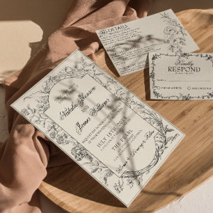 Invitation Mariage Moderne Botanique Bohème Floral Crème Noir