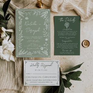 Invitation Mariage Moderne Botanique Floral Vert Sauge Bohème