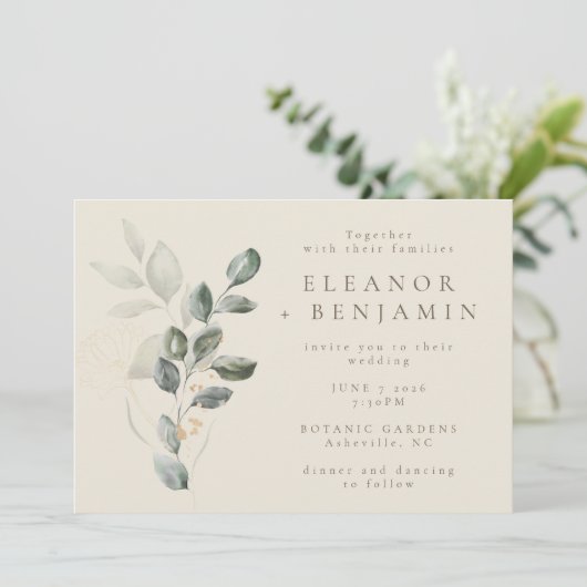 Invitation Mariage Moderne Botanique Or et Vert de Sauge (Debout devant)