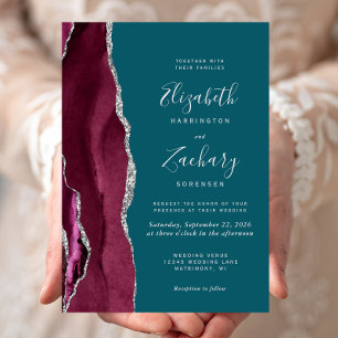 Invitation Mariage Moderne Bourgogne Argent Agate Bleu Sarcel