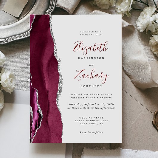 Invitation Mariage Moderne Bourgogne Argent Agate Gris Clair
