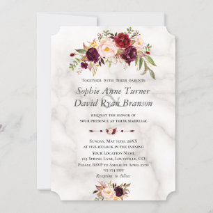Invitation Mariage moderne Bourgogne Blush Flowers Marbre