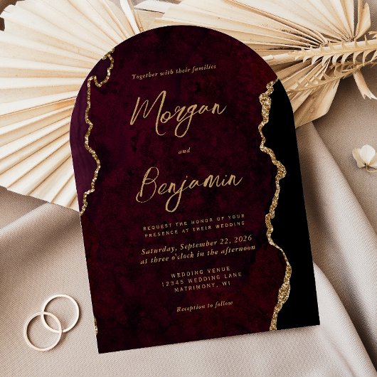 Invitation Mariage Moderne Bourgogne Or Agate Écriture Arc