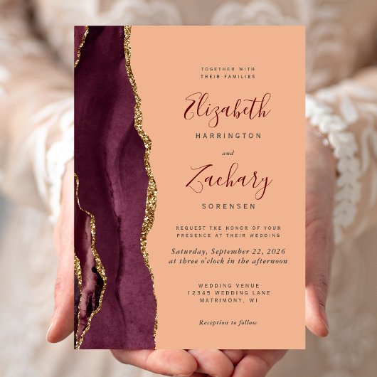 Invitation Mariage Moderne Bourgogne Or Agate Pêche