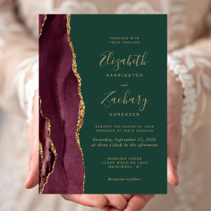 Invitation Mariage Moderne Bourgogne Or Agate Vert Émeraude