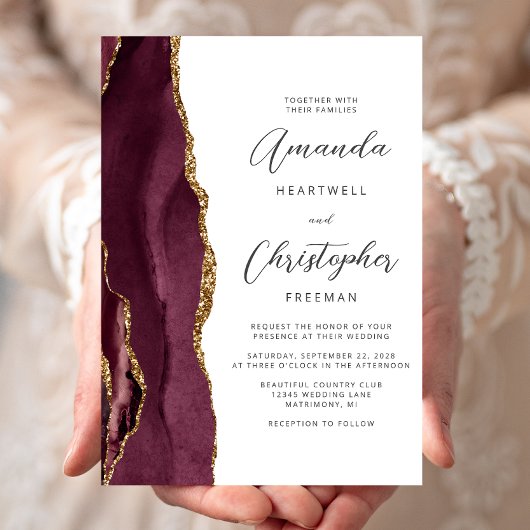 Invitation Mariage Moderne Bourguignon Or Agate Script
