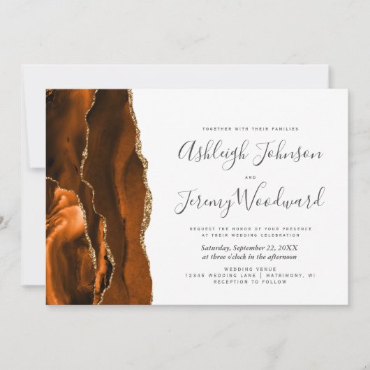Invitation Mariage moderne Burnt Orange Gold Agate (Devant)