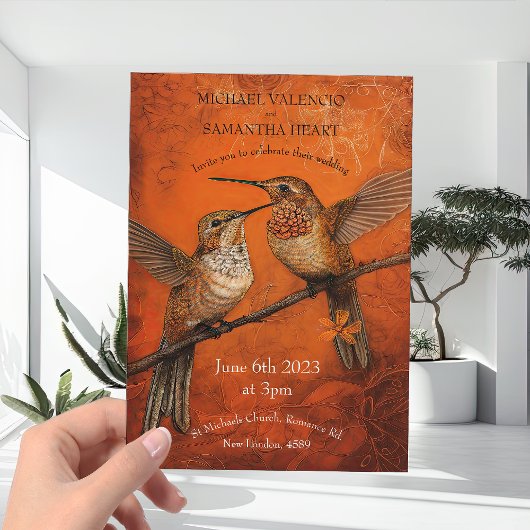 Invitation Mariage moderne Burnt Orange Humming Oiseaux
