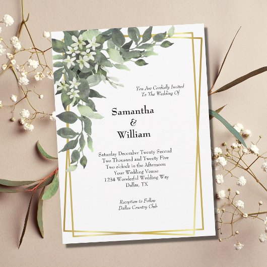 Invitation Mariage Moderne Cadre Doré Fleurs Blanches Verdure