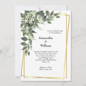 Invitation Mariage Moderne Cadre Doré Fleurs Blanches Verdure (Devant)