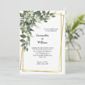Invitation Mariage Moderne Cadre Doré Fleurs Blanches Verdure (Debout devant)