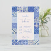 Invitation Mariage moderne Carrelage bleu & blanc méditerrané (Debout devant)