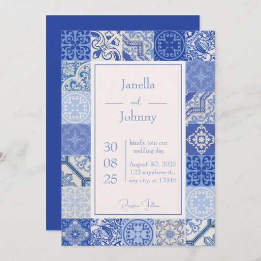Invitation Mariage moderne Carrelage bleu & blanc méditerrané (Devant / Derrière)