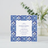Invitation Mariage moderne Carrelage bleu & blanc méditerrané (Debout devant)