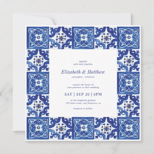 Invitation Mariage moderne Carrelage bleu & blanc méditerrané (Devant)