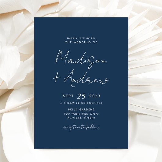 Invitation Mariage Moderne Casual Script Bleu Marine