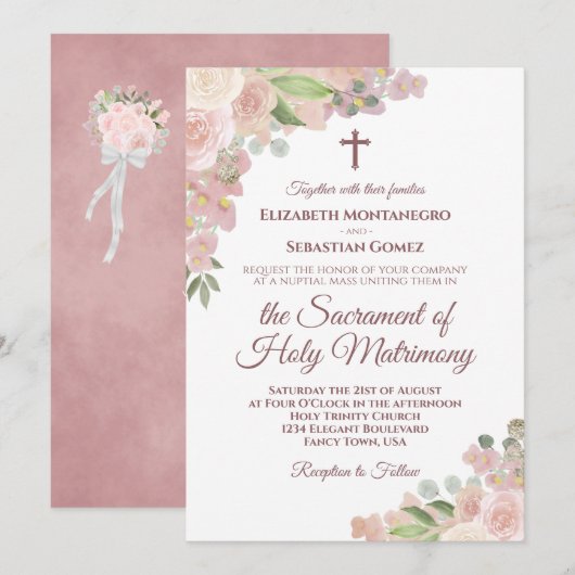 Invitation Mariage moderne catholique avec code QR et fleurs (Devant / Derrière)