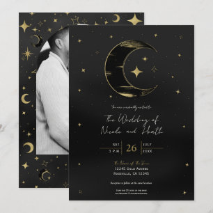 Invitation Mariage Moderne Céleste Lune Étoiles Noir & Or