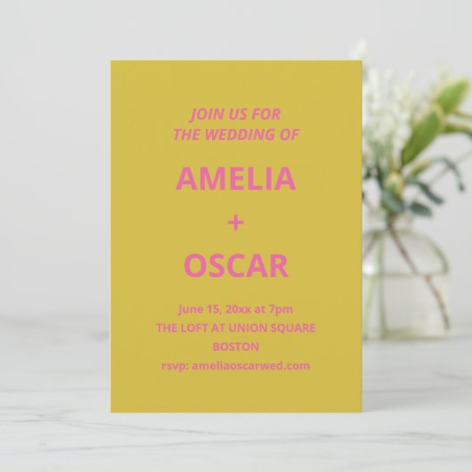 Invitation Mariage Moderne Chartreuse Rose Jaune Gras (Debout devant)