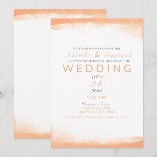 Invitation Mariage Moderne Chic Aquarelle Corail Orange (Devant / Derrière)