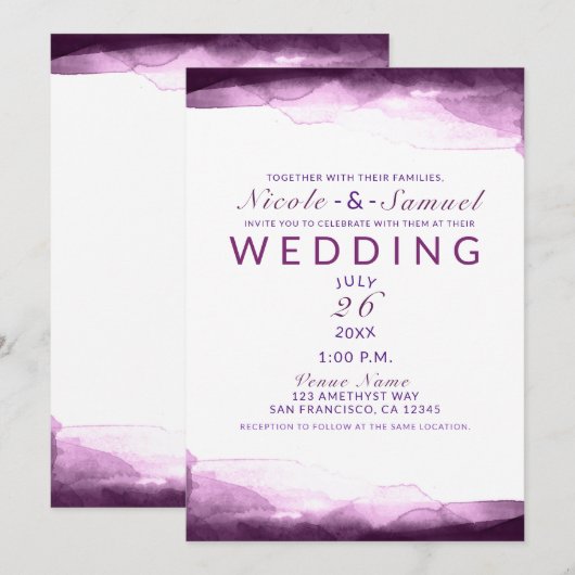 Invitation Mariage Moderne Chic Aquarelle Pourpre de Mûre de (Devant / Derrière)