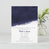 Invitation Mariage Moderne Chic Bleu Nuit Aquarelle Et Or (Debout devant)
