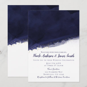 Invitation Mariage Moderne Chic Bleu Nuit Aquarelle et Or