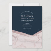 Invitation Mariage Moderne Chic en Marbre Bleu Foncé et Rose (Devant)