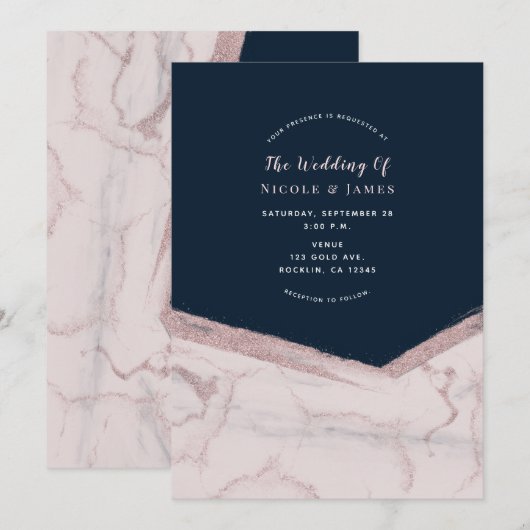 Invitation Mariage Moderne Chic en Marbre Bleu Foncé et Rose (Devant / Derrière)
