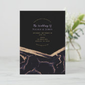 Invitation Mariage Moderne Chic Marbre Noir Violet & Or (Debout devant)