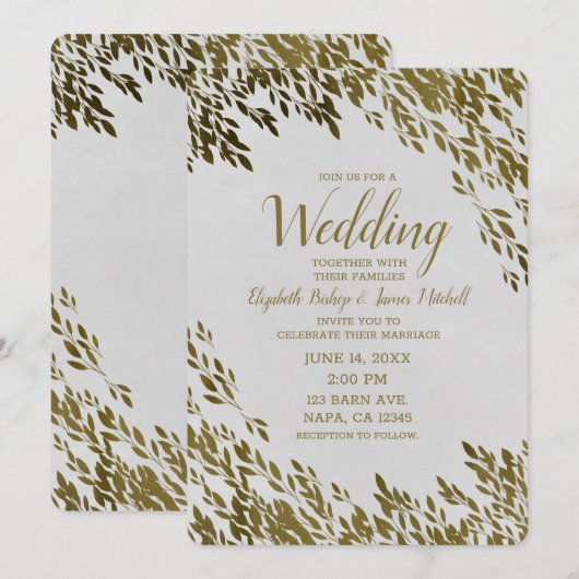 Invitation Mariage Moderne Chic Rustique Feuilles Blanches et (Devant / Derrière)
