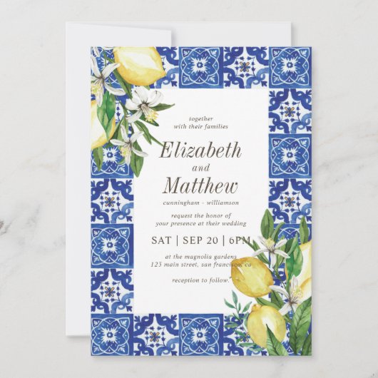 Invitation Mariage moderne citron feuillage bleu méditerranée (Devant)