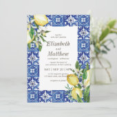 Invitation Mariage moderne citron feuillage bleu méditerranée (Debout devant)