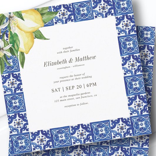 Invitation Mariage moderne citron feuillage bleu méditerranée