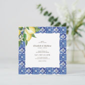 Invitation Mariage moderne citron feuillage bleu méditerranée (Debout devant)