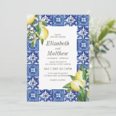 Invitation Mariage moderne citron feuillage bleu méditerranée (Debout devant)
